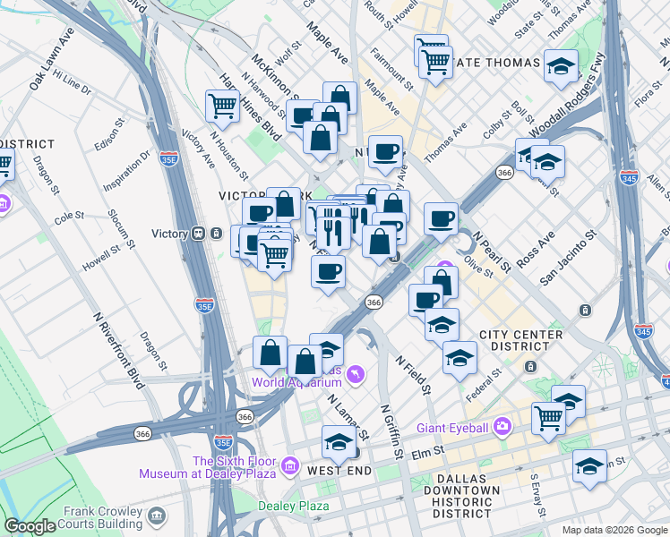 map of restaurants, bars, coffee shops, grocery stores, and more near 1501 Cedar Springs Road in Dallas