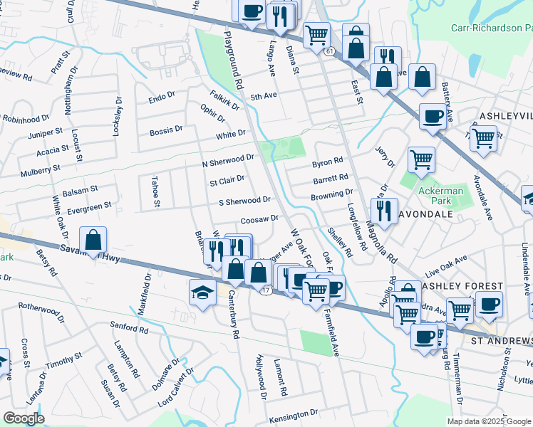 map of restaurants, bars, coffee shops, grocery stores, and more near 1316 Coosaw Drive in Charleston