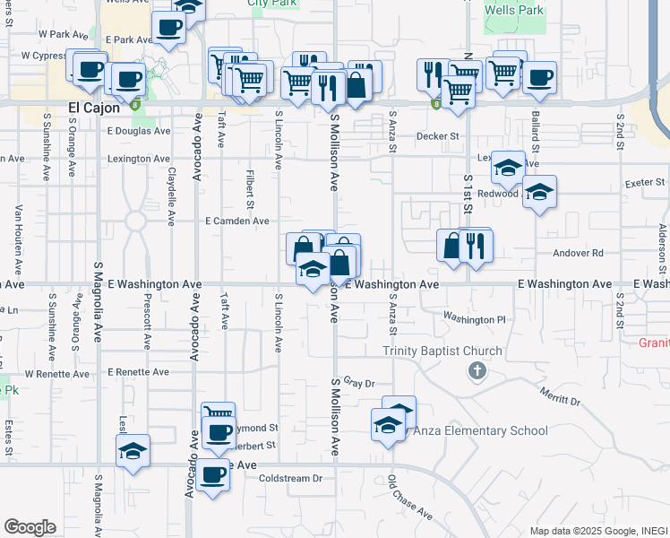 map of restaurants, bars, coffee shops, grocery stores, and more near 639 South Mollison Avenue in El Cajon