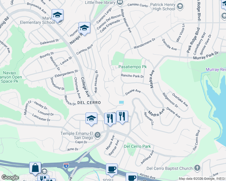 map of restaurants, bars, coffee shops, grocery stores, and more near 6315 Dwane Avenue in San Diego