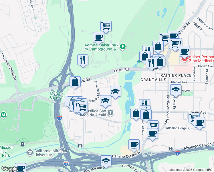 map of restaurants, bars, coffee shops, grocery stores, and more near 6365 Rancho Mission Road in San Diego