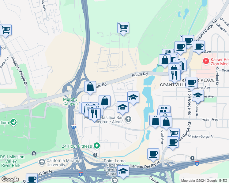 map of restaurants, bars, coffee shops, grocery stores, and more near 6341 Rancho Mission Road in San Diego