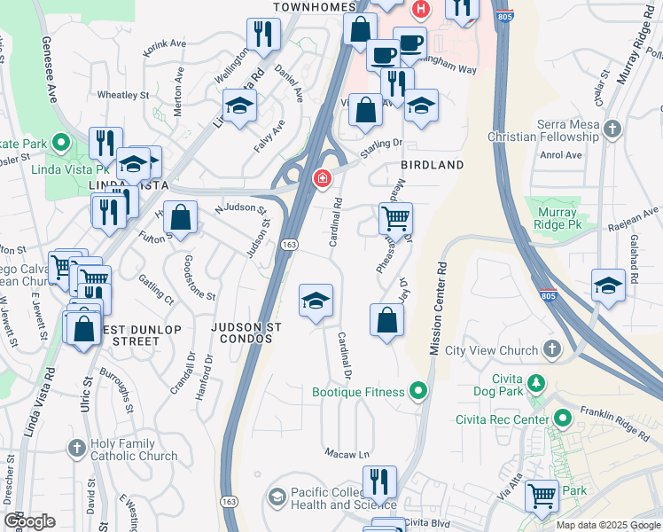 map of restaurants, bars, coffee shops, grocery stores, and more near 2395 Cardinal Drive in San Diego