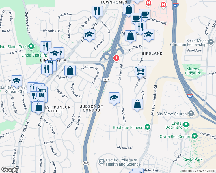 map of restaurants, bars, coffee shops, grocery stores, and more near 2441 Cardinal Lane in San Diego