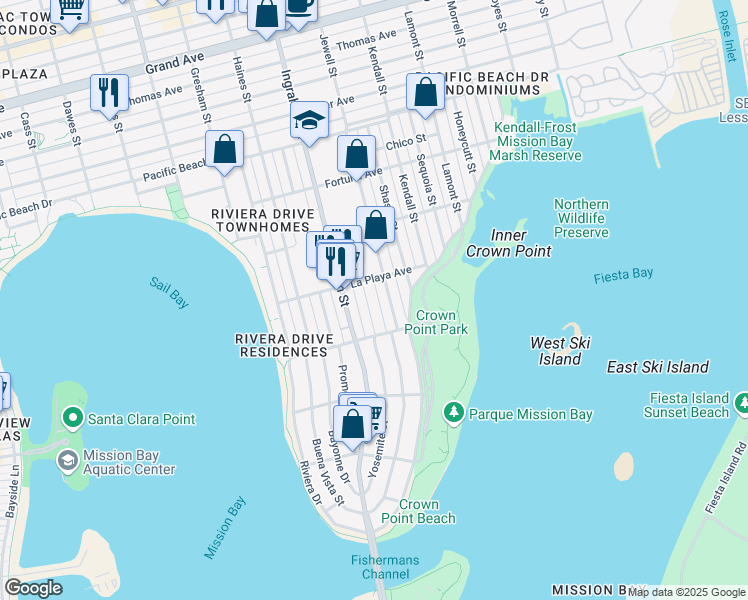map of restaurants, bars, coffee shops, grocery stores, and more near 3722 Crown Point Drive in San Diego