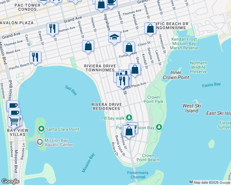 map of restaurants, bars, coffee shops, grocery stores, and more near 1542 La Playa Avenue in San Diego