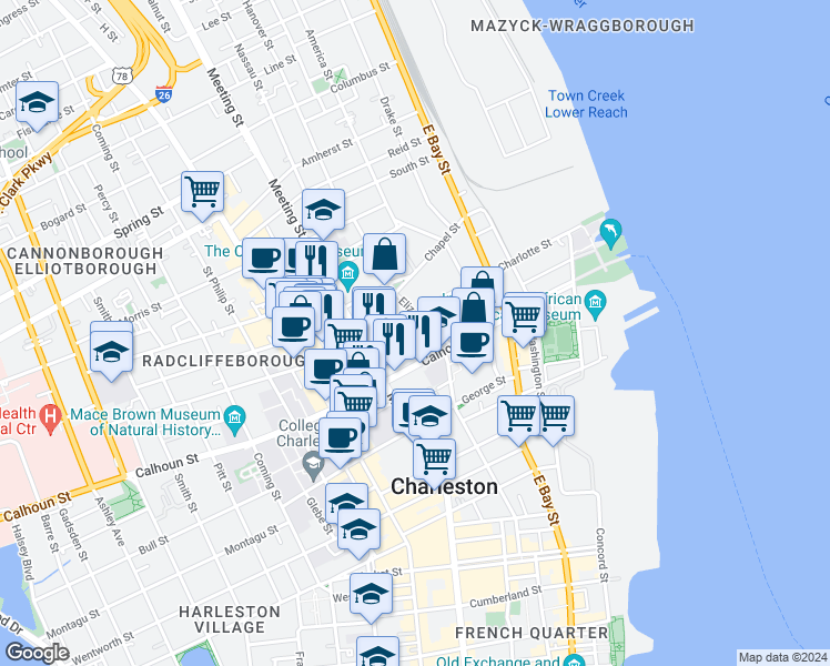 map of restaurants, bars, coffee shops, grocery stores, and more near 49 Charlotte Street in Charleston