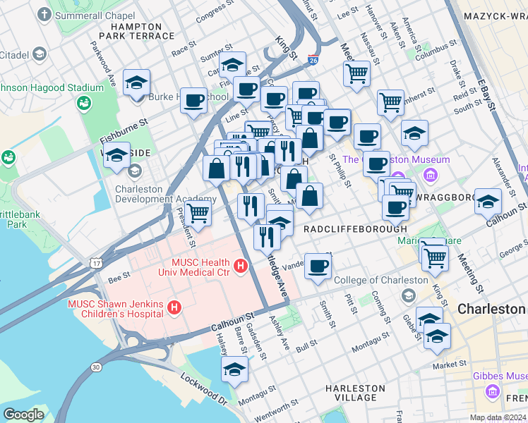 map of restaurants, bars, coffee shops, grocery stores, and more near 92 Morris Street in Charleston