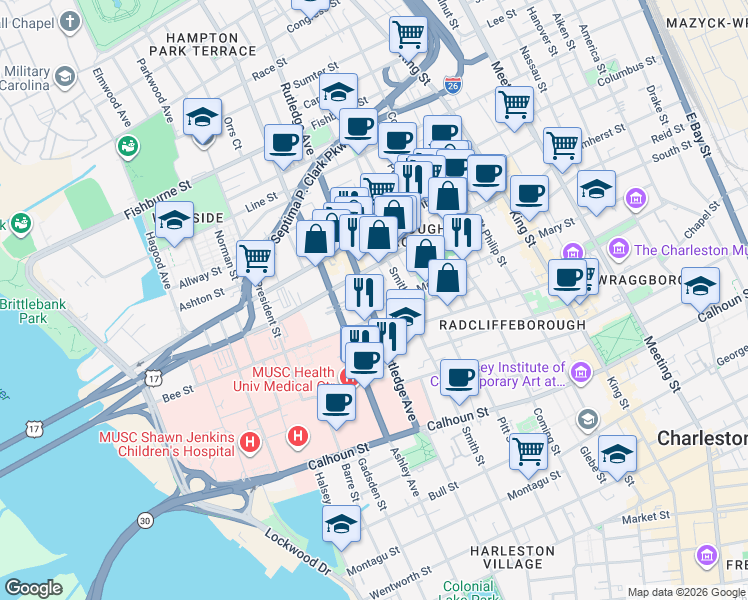 map of restaurants, bars, coffee shops, grocery stores, and more near 92 Morris Street in Charleston