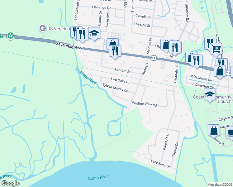 map of restaurants, bars, coffee shops, grocery stores, and more near 2425 Sylvan Shores Drive in Charleston