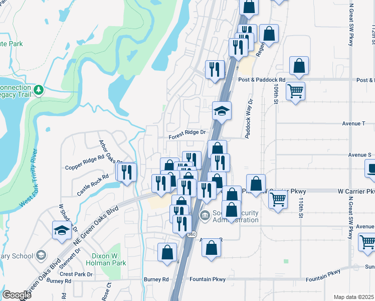 map of restaurants, bars, coffee shops, grocery stores, and more near 2175 North Highway 360 in Grand Prairie