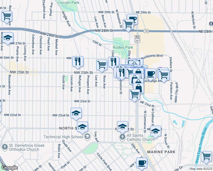 map of restaurants, bars, coffee shops, grocery stores, and more near 2407 Ross Avenue in Fort Worth