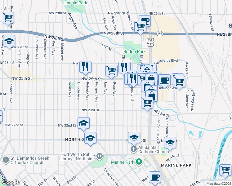 map of restaurants, bars, coffee shops, grocery stores, and more near 2407 Ross Avenue in Fort Worth