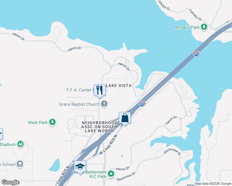 map of restaurants, bars, coffee shops, grocery stores, and more near 1809 Vista Royale Court in Fort Worth