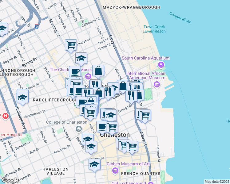 map of restaurants, bars, coffee shops, grocery stores, and more near 6 Elizabeth Street in Charleston