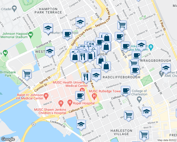 map of restaurants, bars, coffee shops, grocery stores, and more near 92 Morris Street in Charleston