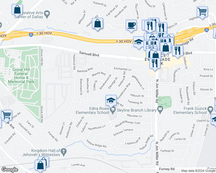 map of restaurants, bars, coffee shops, grocery stores, and more near 5127 Elkridge Drive in Dallas