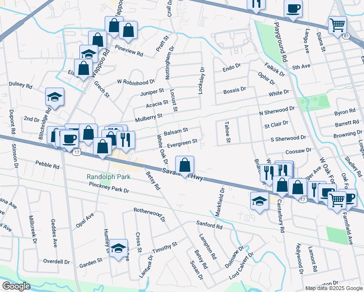 map of restaurants, bars, coffee shops, grocery stores, and more near 1527 Evergreen Street in Charleston