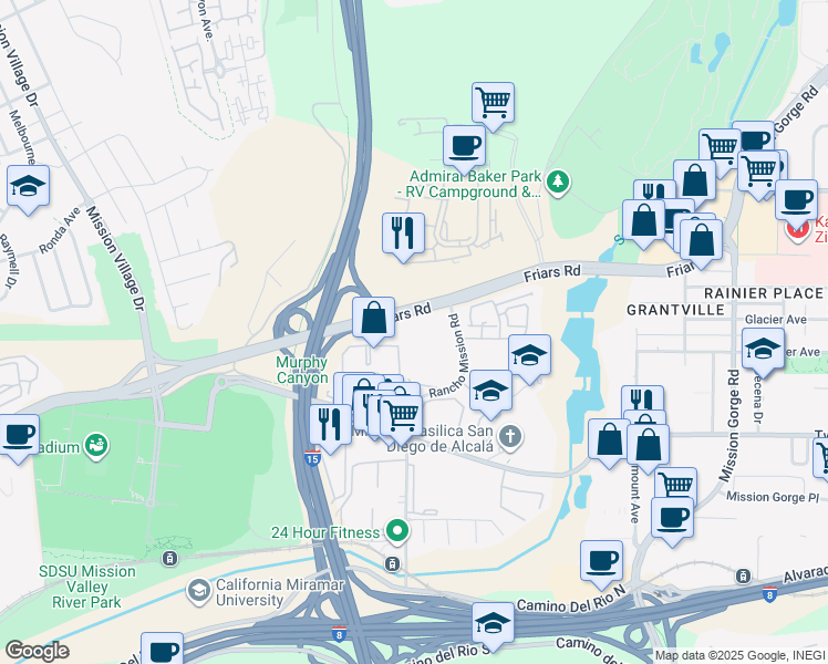 map of restaurants, bars, coffee shops, grocery stores, and more near 6390 Rancho Mission Road in San Diego