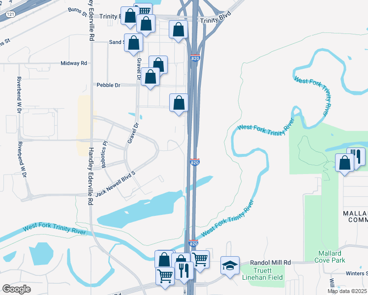 map of restaurants, bars, coffee shops, grocery stores, and more near 2136 East Loop 820 North in Fort Worth