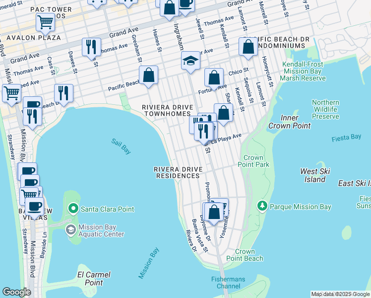 map of restaurants, bars, coffee shops, grocery stores, and more near Haines St & La Playa Ave in San Diego