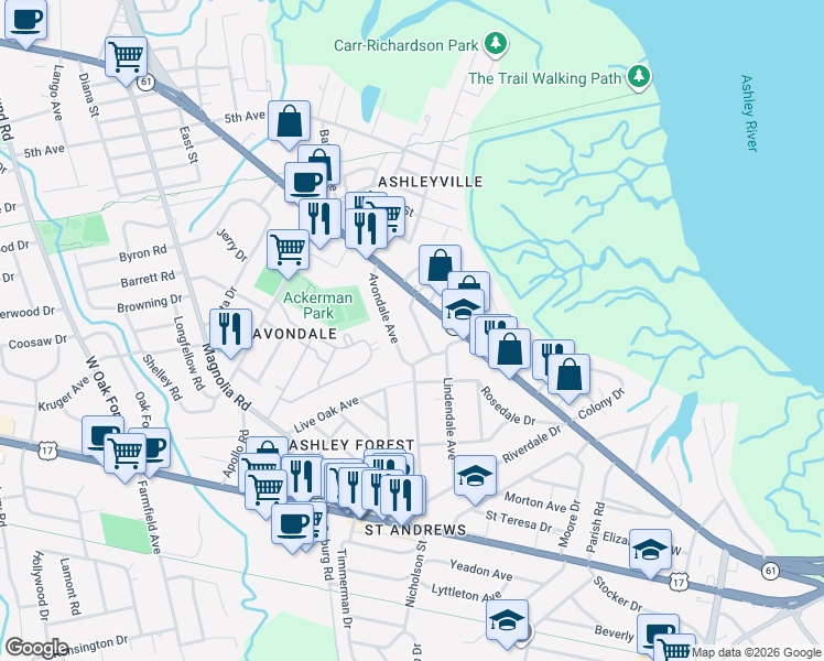 map of restaurants, bars, coffee shops, grocery stores, and more near 4 Peeks Pike in Charleston