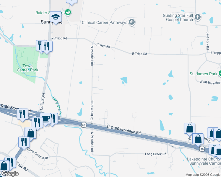 map of restaurants, bars, coffee shops, grocery stores, and more near 116 N Paschall Rd in Mesquite