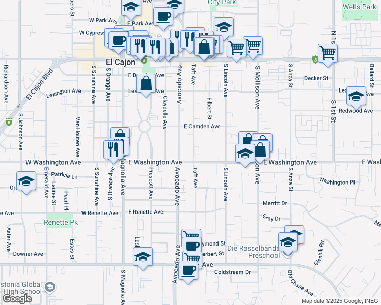 map of restaurants, bars, coffee shops, grocery stores, and more near 664 Taft Avenue in El Cajon