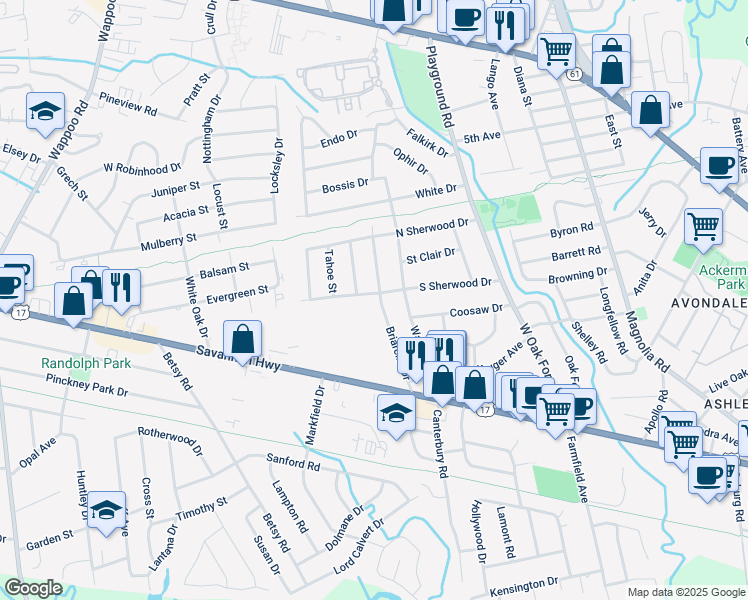 map of restaurants, bars, coffee shops, grocery stores, and more near 1419 South Sherwood Drive in Charleston