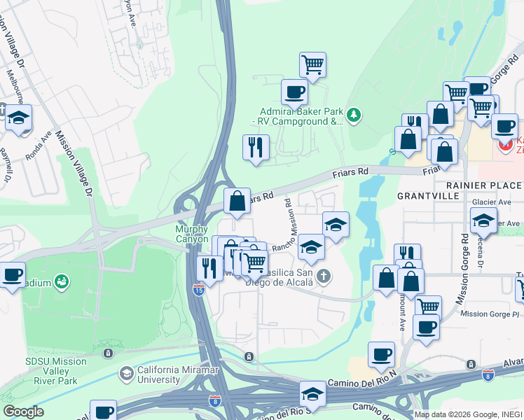 map of restaurants, bars, coffee shops, grocery stores, and more near 6390 Rancho Mission Road in San Diego