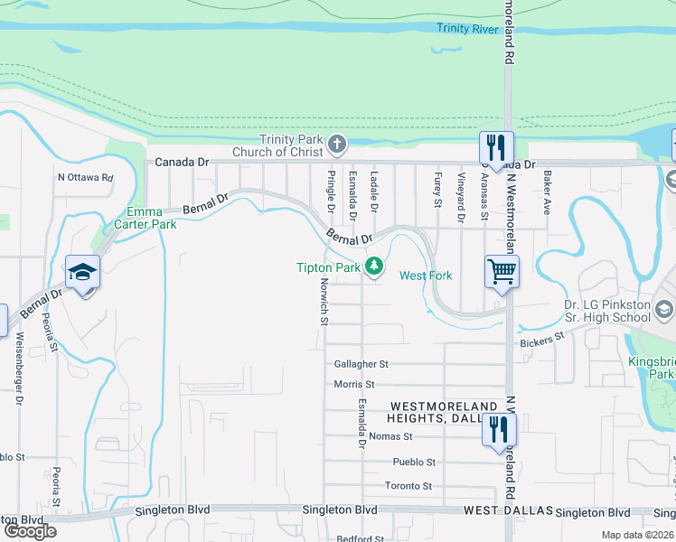 map of restaurants, bars, coffee shops, grocery stores, and more near 3726 Bayside Street in Dallas