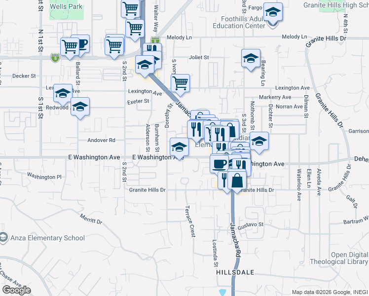 map of restaurants, bars, coffee shops, grocery stores, and more near 1350 East Washington Avenue in El Cajon