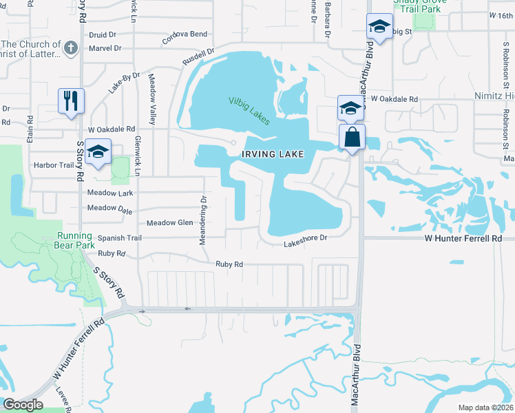 map of restaurants, bars, coffee shops, grocery stores, and more near 1801 Lakeshore Court in Irving