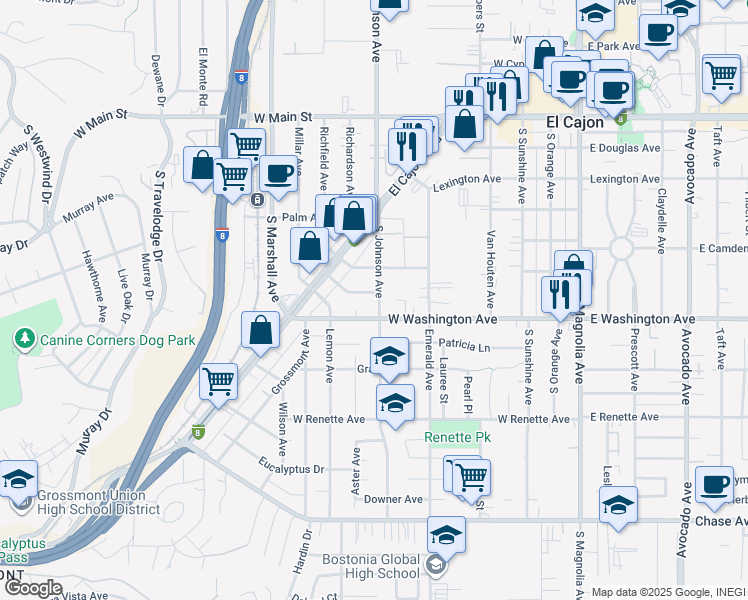 map of restaurants, bars, coffee shops, grocery stores, and more near 711 Franklin Avenue in El Cajon