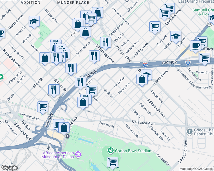 map of restaurants, bars, coffee shops, grocery stores, and more near 4616 Lindsley Avenue in Dallas