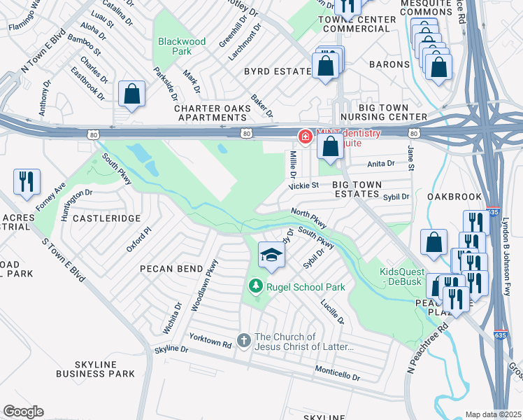 map of restaurants, bars, coffee shops, grocery stores, and more near 2619 North Parkway in Mesquite