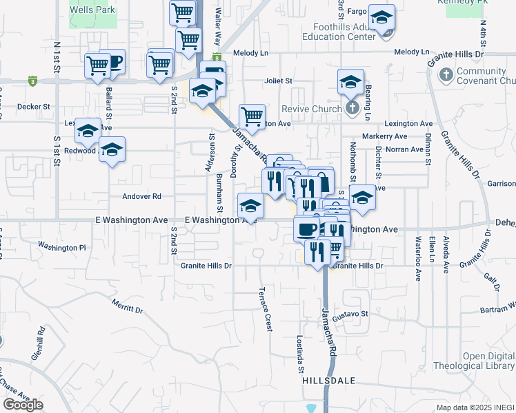 map of restaurants, bars, coffee shops, grocery stores, and more near 1380 East Washington Avenue in El Cajon
