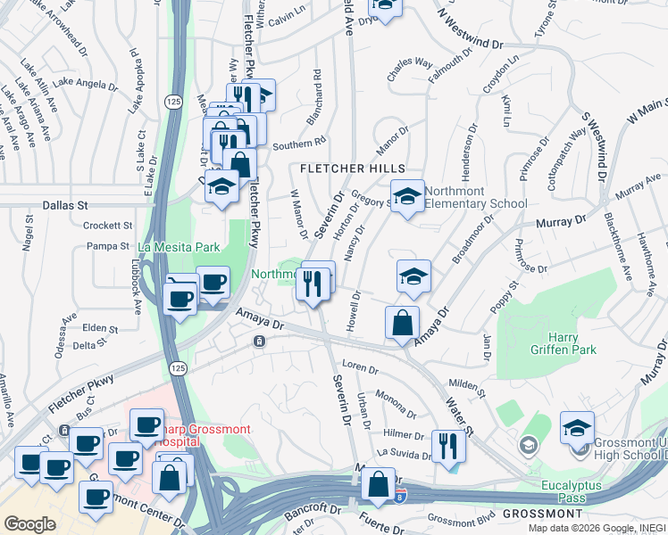 map of restaurants, bars, coffee shops, grocery stores, and more near 6041-43 Horton Drive in La Mesa