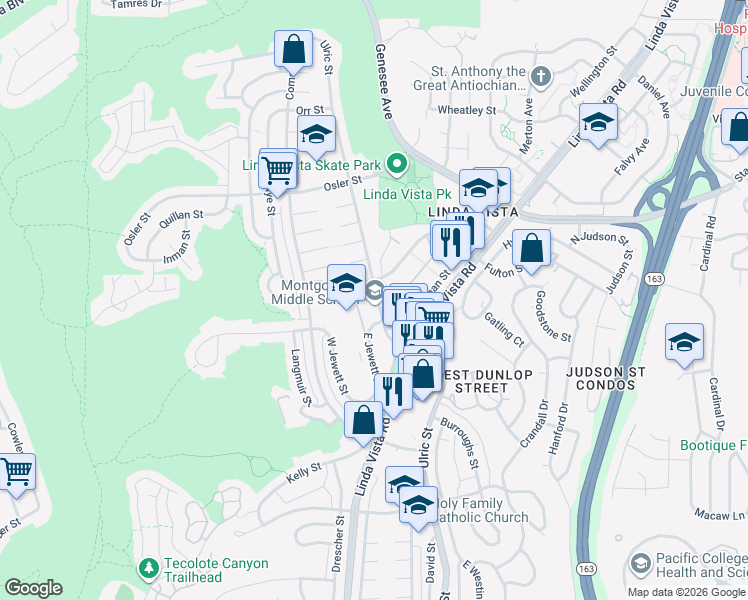 map of restaurants, bars, coffee shops, grocery stores, and more near 2470 Ulric Street in San Diego