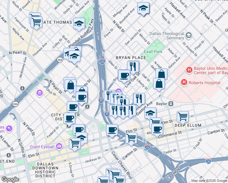 map of restaurants, bars, coffee shops, grocery stores, and more near 2627 Live Oak Street in Dallas