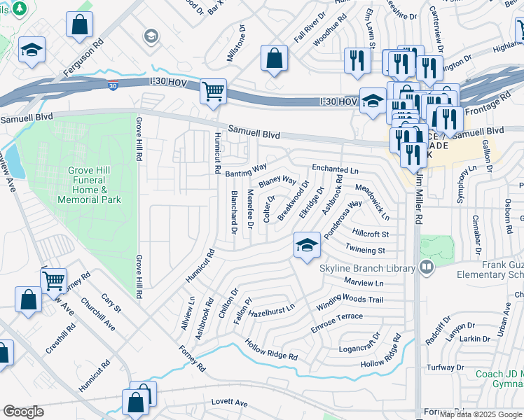 map of restaurants, bars, coffee shops, grocery stores, and more near 5119 Colter Drive in Dallas