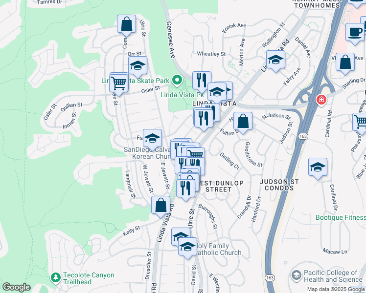 map of restaurants, bars, coffee shops, grocery stores, and more near 6908 Eastman Street in San Diego