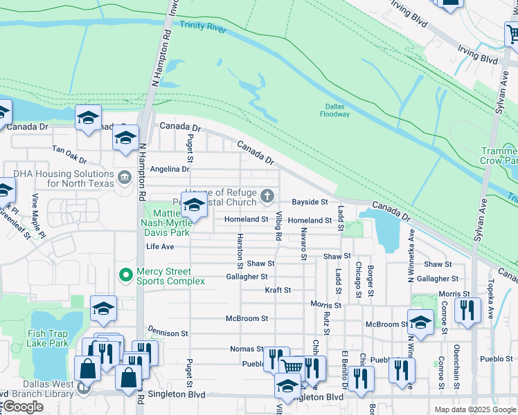 map of restaurants, bars, coffee shops, grocery stores, and more near 1830 Bayside Street in Dallas
