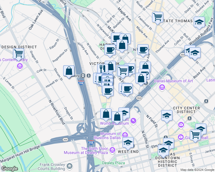 map of restaurants, bars, coffee shops, grocery stores, and more near 2340 Victory Park Lane in Dallas
