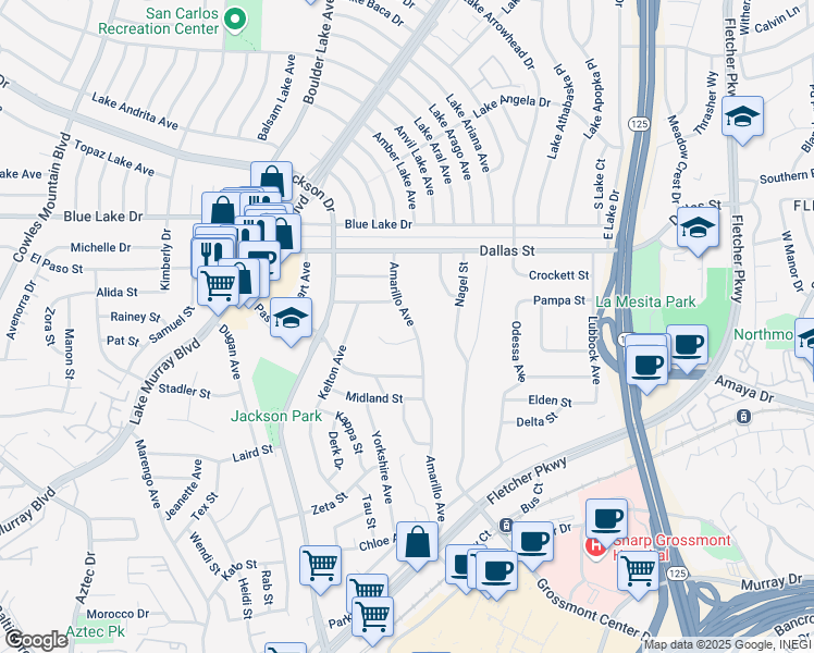 map of restaurants, bars, coffee shops, grocery stores, and more near 6046 Amarillo Avenue in La Mesa