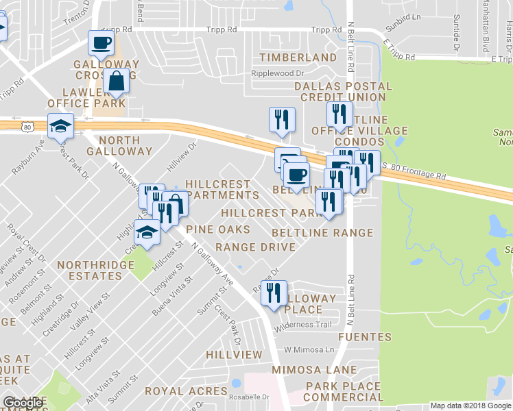 map of restaurants, bars, coffee shops, grocery stores, and more near 1634 Hancock Drive in Mesquite