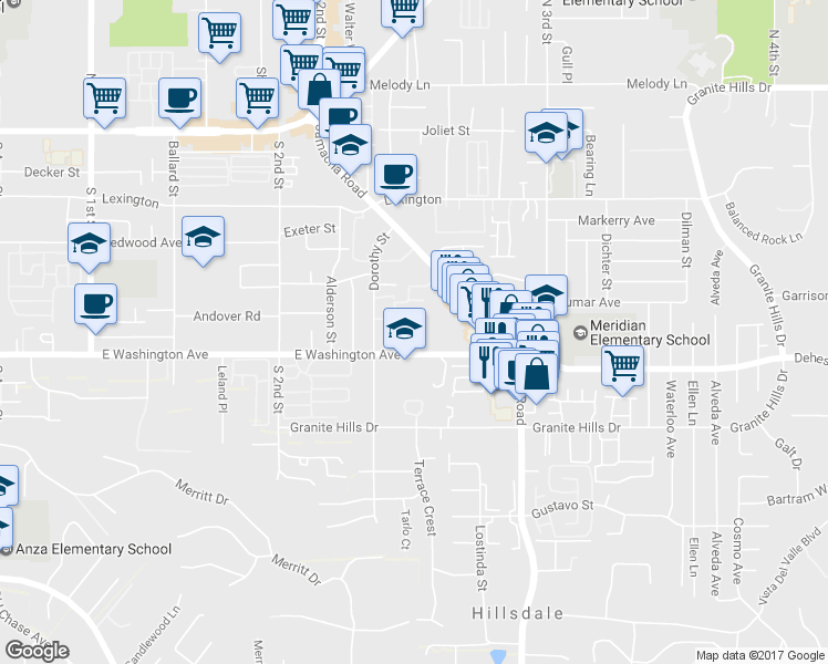 map of restaurants, bars, coffee shops, grocery stores, and more near 1350 East Washington Avenue in El Cajon