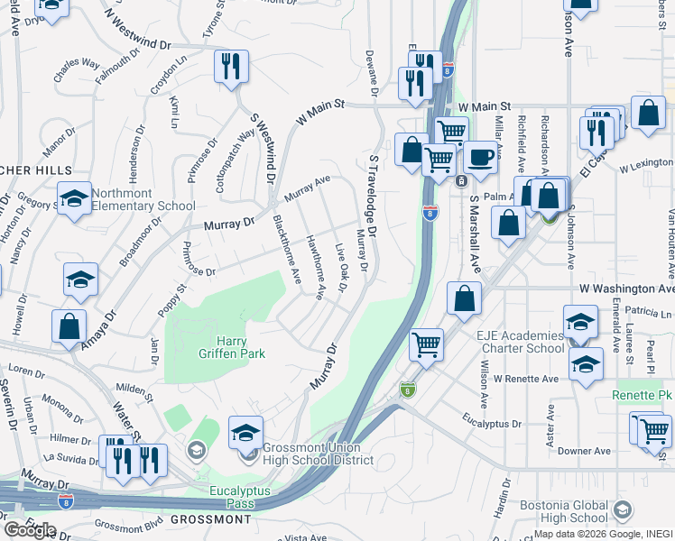 map of restaurants, bars, coffee shops, grocery stores, and more near 638 Live Oak Drive in El Cajon