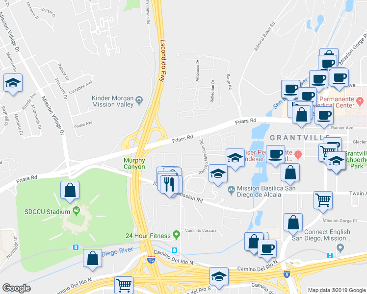 map of restaurants, bars, coffee shops, grocery stores, and more near 6390 Rancho Mission Road in San Diego