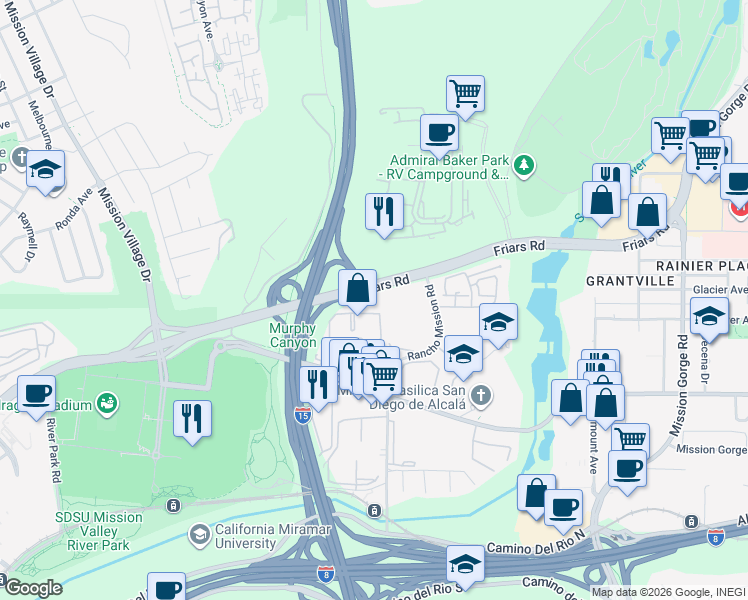 map of restaurants, bars, coffee shops, grocery stores, and more near 7022 Friars Road in San Diego